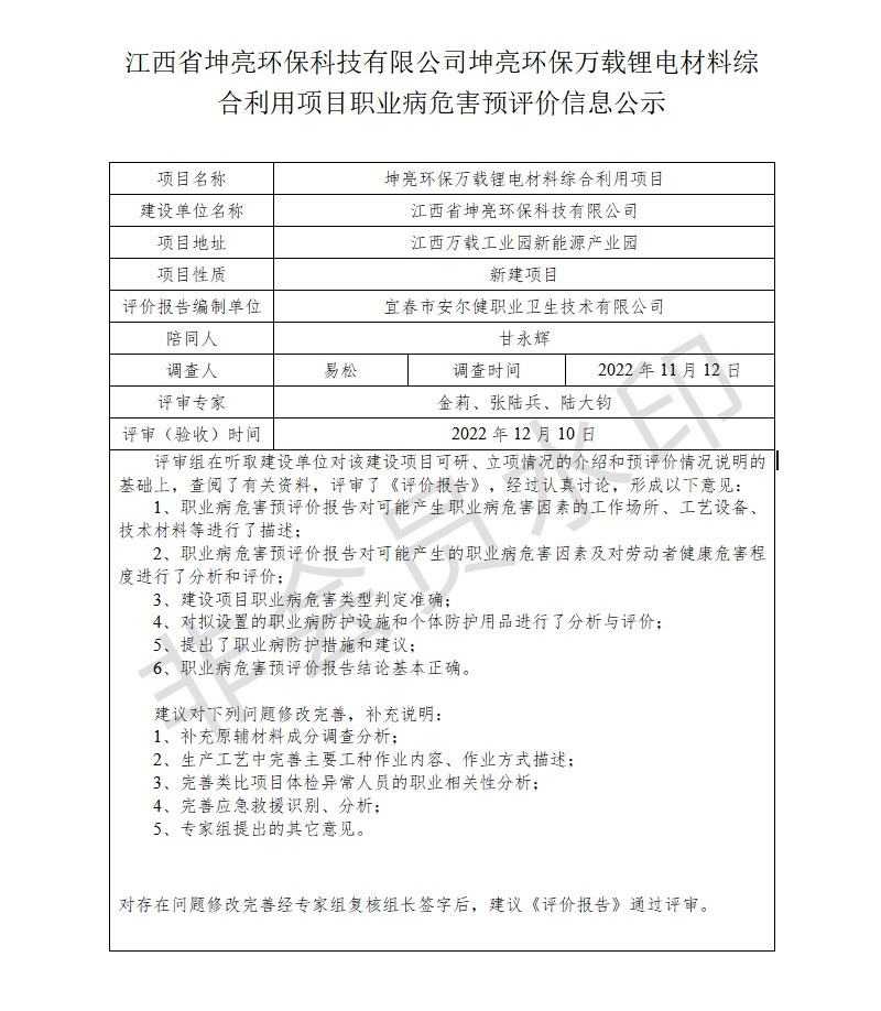 江西省坤亮環(huán)?？萍加邢薰纠ち镰h(huán)保萬載鋰電材料綜合利用項目職業(yè)病危害預評價信息公示.jpg