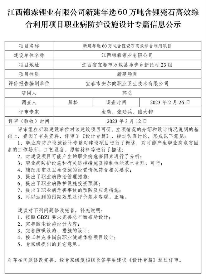 江西錦霖鋰業(yè)有限公司新建年選60萬噸含鋰瓷石高效綜合利用項目職業(yè)病防護設施設計專篇信息公示.jpg