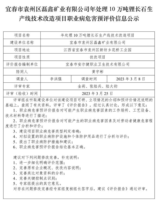 宜春市袁州區(qū)磊鑫礦業(yè)有限公司-年處理10萬(wàn)噸鋰長(zhǎng)石生產(chǎn)線技術(shù)改造項(xiàng)目-  職業(yè)病危害預(yù)評(píng)價(jià)信息公示(1).jpg