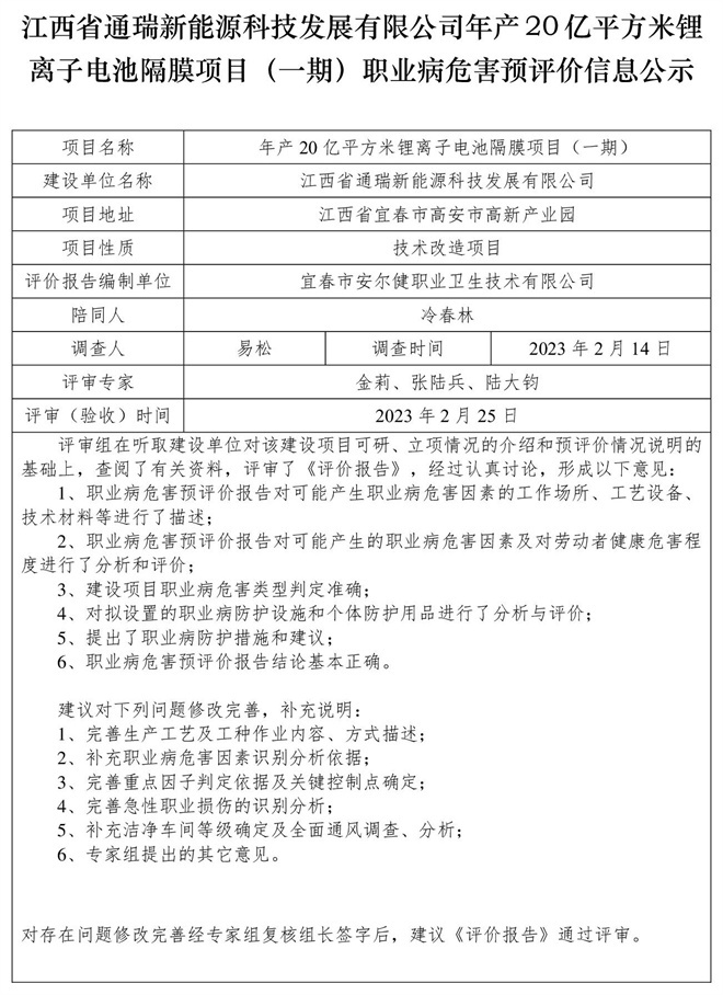 江西省通瑞新能源科技發(fā)展有限公司年產(chǎn)20億平方米鋰離子電池隔膜項目（一期）職業(yè)病危害預(yù)評價信息公示.jpg